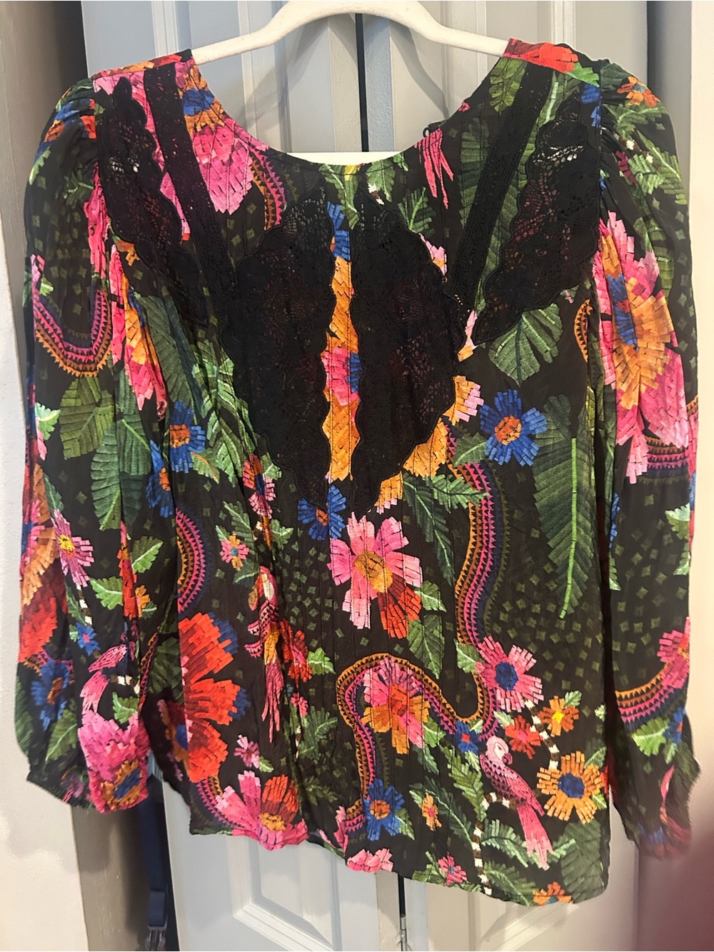 Farm Rio Floral Lace-Accent Black Peasant Blouse - Women's Top